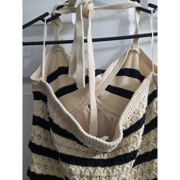 House of Harlow 1960 Crochet Beige Black Stripe Lined Halter Maxi Dress Small - Picture 8 of 12